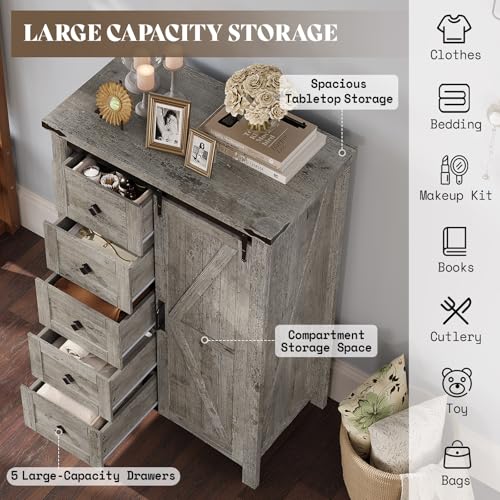 31.5'' Farmhouse Dresser with Sliding Barn Doors, 48" Rustic 5 Drawer Tall Dresser, Storage Organizer for Bedroom, Entryway, Light Rustic Oak