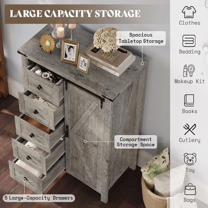 31.5'' Farmhouse Dresser with Sliding Barn Doors, 48" Rustic 5 Drawer Tall Dresser, Storage Organizer for Bedroom, Entryway, Light Rustic Oak