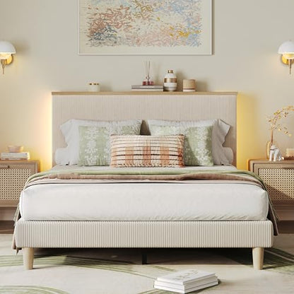Queen Beige Upholstered Bed Frame with Storage, view 2