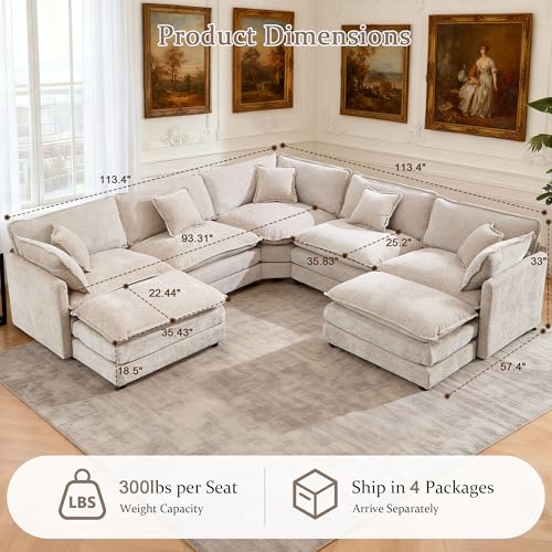 Cloud Couch Oversized Modular Sectional Sofa for Living Room, Modern Chenille 7 Seater Corner Sofa with Deep Seat, Large U-Shaped Couch Set for Spacious Space Apartment, Camel