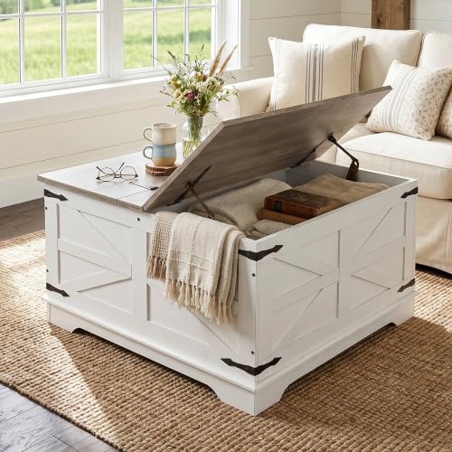 Farmhouse Coffee Table, Heavy-Duty Coffee Table with Storage, Square Wood Center Table Set for Living Room with Pull Up Large Hidden Storage Compartment, Maple White