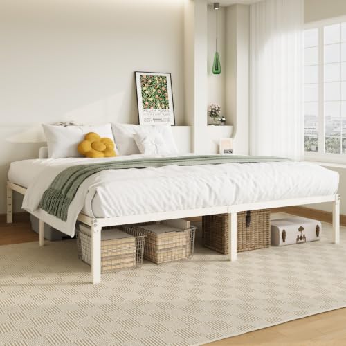 King Size Bed Frame, 14 inch Metal Beds with Storage Space, Beige, view 4