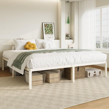 King Size Bed Frame, 14 inch Metal Beds with Storage Space, Beige, view 4