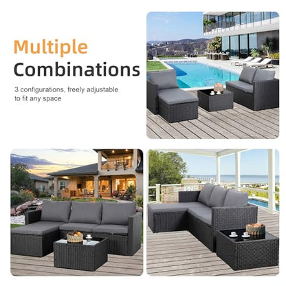 4 Pieces Patio Furniture Set, 2-in-1 Convertible Sectional Sofa & Chaise Lounge, All-Weather Wicker Rattan Sofa Couch with Cushions & Coffee Table for Yard, Garden, Porch, Poolside (Gray)