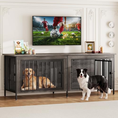 63" Dog Crate Furniture for 2 Dogs with Divider, Gray Wood Grain, view 2