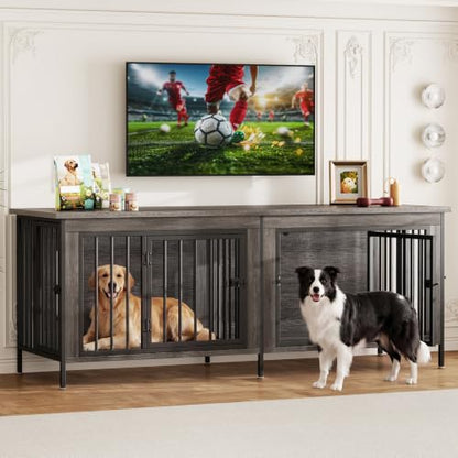 63" Dog Crate Furniture for 2 Dogs with Divider, Gray Wood Grain, view 2