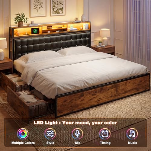 King Bed Frame with 4 Drawers, Charge Station & LED Lights, view 5