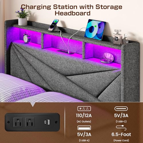 King Size Bed Frame with 4 Storage Drawers and LED Headboard, view 5