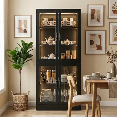 Modern Black 5-Tier Display Cabinet with Glass Doors and LED Lights, 65" Tall Storage Bookshelf, 4-Door Freestanding Curio Cabinet for Living Room, Home Office
