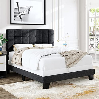 Queen Size Panel Bed Frame Box Spring Needed Dark Grey, view 2