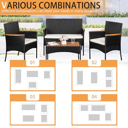 4-Piece Patio Furniture Set, Outdoor Wicker Patio Conversation Furniture Set with Cushions and Wooden Tabletop for Paito Lawn Backyard Pool Garden, Black Rattan