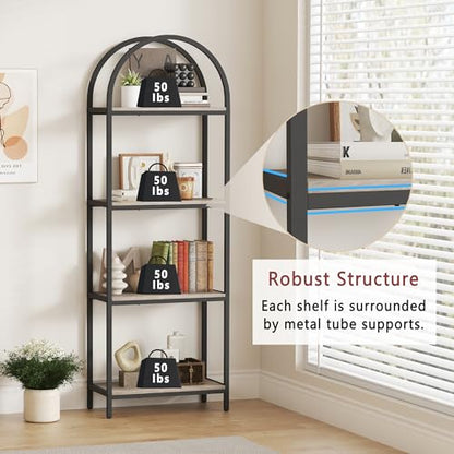 Bookshelf 4 Tier Arched Bookcase, 71.3" Tall Industrial Open Book Shelves for Living Room, Modern Freestanding Display Shelving Storage Rack Metal Frame, Office, Bedroom, Grey