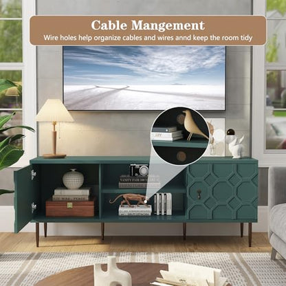 Modern TV Stand for 65/70inch TV, Entertainment Center with Storage Cabinet and Open Shelves, Embossed Pattern TV Stand, TV and Media Console for Living Room, Bedroom, Green