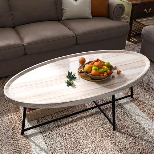 Modern Coffee Table, Oval Wood Coffee Tables Center Table with Metal Leg for Living Room, 47 Inch Living Room Table Accent Furniture (Oval Coffee Table, Nature)
