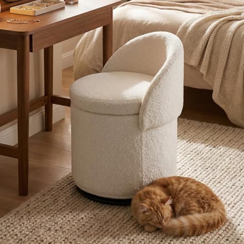 Modern Swivel Ottoman Vanity Chair, Sherpa Upholstered Barrel Club Chairs 360°Degree Swivel Side Chair with Storage, Comfy Makeup Stool for Bedroom Living Room, White