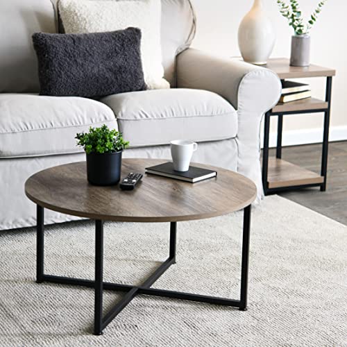 Jamestown Round Coffee Table Ashwood Rustic Wood Grain and Black Metal 31.5 x 31.5, Taupe
