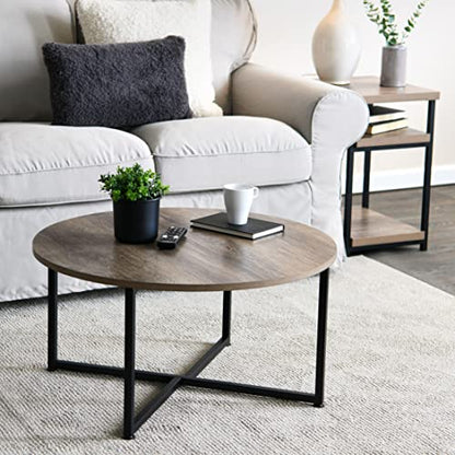 Jamestown Round Coffee Table Ashwood Rustic Wood Grain and Black Metal 31.5 x 31.5, Taupe