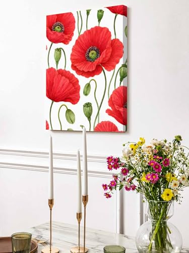 NuYeBiofx Red Poppy Farmhouse Floral Canvas Wall Art Prints,48"x32" Framed Picture Artwork Gradient Green Bud Printed Canvas Oil Painting for Living Room Bedroom Office,Ready to Hang