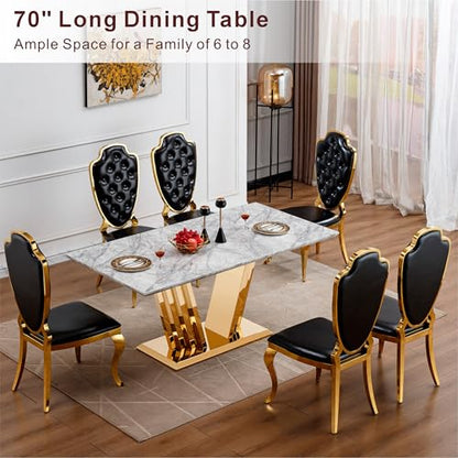Marble Dining Table for 6 People, 70'' Rectangle Faux Marble Dining Table with Mirrored Stainless Steel Base, Large Size Marble Kitchen Table (Gold,Grey)(only Table)