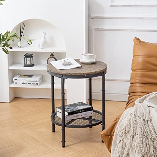 20" Side Table, Round End Tables Living Room, Industrial Small End Table with Metal Mesh, Rustic Farmhouse Side Tables for Bedroom, Office, Corner, Walnut