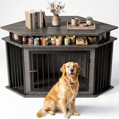 51" Corner Dog Crate Furniture with 2-Tier Storage Shelves, Gray, view 2