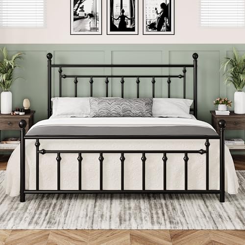 14'' King Size Metal Platform Bed Frame, Vintage Headboard, Black, view 2