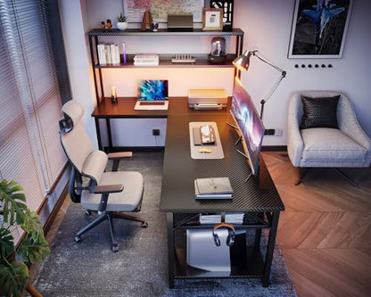 61" L Shaped Gaming Desk with Hutch & Headphone Hook, Corner Computer Table with Storage Shelves for Home Office, Black