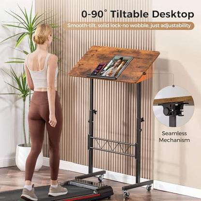 Standing Desk Adjustable Height & Tiltable Tabletop, Portable Stand Up Desk for Laptop, Mobile Folding Desk for Home Office Work and Walking Pad Treadmill, Height 30.7"-46.4", Brown