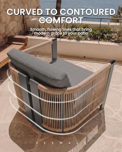 Luxury Patio Furniture Set, 4-Piece Curved Outdoor Furnitrue Set with Weather-Resistant Aluminum Frame and 7.1" Thicker Cushion, Woven Rope Patio Conversation Set for Deck, Garden