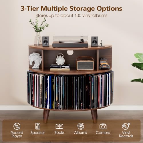 31.5" Record Player Stand with Power Outlet, Curved Vinyl Storage Cabinet, view 6