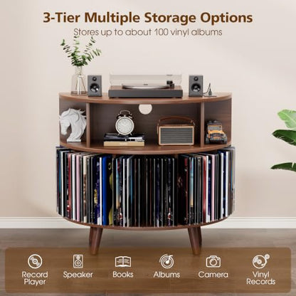 31.5" Record Player Stand with Power Outlet, Curved Vinyl Storage Cabinet, view 6