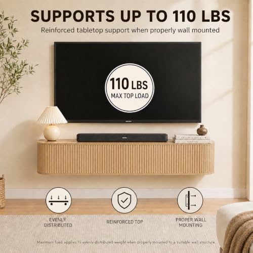 55" Fluted Floating TV Stand, Wall-Mounted Media Console (Natural), view 6