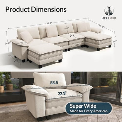 158" Oversized Modular Sectional U Shaped Sofa,Chenille Beige | 6-Seater Living Room Couches, Wider Armrest and Deep Seat, Comfy Cloud Couch with Ottoman, Wood Sturdy Frame