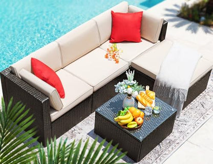 5 Pieces Patio Furniture Sets All Weather Outdoor Sectional Patio Sofa Manual Weaving Wicker Rattan Patio Seating Sofas with Cushion and Glass Table (Beige)