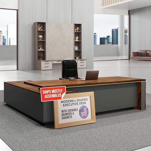 OfficeSimpli L Shaped Executive Desk with Drawers, Made in USA, 84x72x30 in, view 2