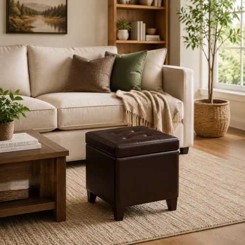 Leather Square Ottoman with Storage and Brown Legs, view 2