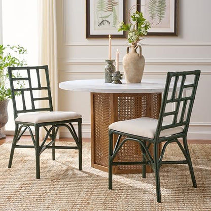 SAFAVIEH Furniture - Christine Set of 2 Dining Chairs - White & Forest Green - Upholstered Rattan Seating - Fully Assembled - Ideal for Dining Room, Kitchen, 17.3" Seat Height (ACH6507E-SET2)