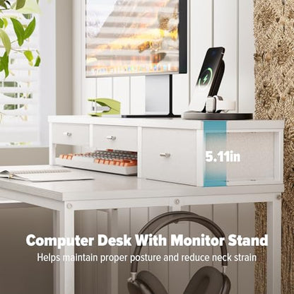 47 inch Computer Desk with Printer Shelf, Gaming Desk with Monitor Stand and Drawers, Reversible Home Office Desk with Storage Shelves and 2 Hooks, Home Workstation for Study Writing, White