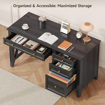 54 Inch Farmhouse Executive Desk, Computer Desk with Drawers, Home Office Desk with Charging Station, for Working Studying Writing, Black