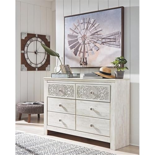 Signature Design by Ashley Paxberry Boho 6 Drawer Dresser, Smooth-gliding Faux Laminate Lined Drawers, Wood, 61.26" W x 15.83" D x 40" H, Whitewash