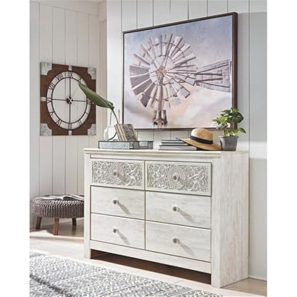 Signature Design by Ashley Paxberry Boho 6 Drawer Dresser, Smooth-gliding Faux Laminate Lined Drawers, Wood, 61.26" W x 15.83" D x 40" H, Whitewash