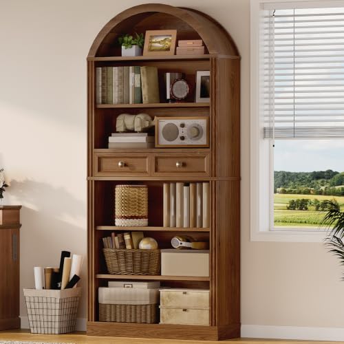 Arched Bookshelf, 73" Tall Arch Bookcase with Drawers, Farmhouse, view 2