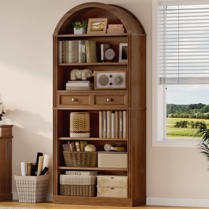 Arched Bookshelf, 73" Tall Arch Bookcase with Drawers, Farmhouse, view 2