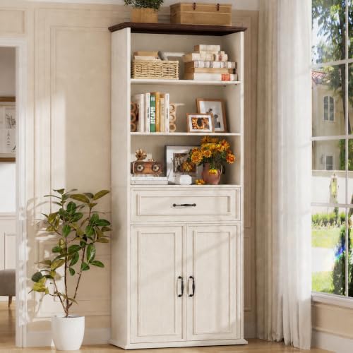 80" Tall Bookcase with Drawer and Doors, Antique White/Walnut, view 2