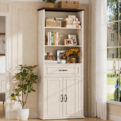 80" Tall Bookcase with Drawer and Doors, Antique White/Walnut, view 2