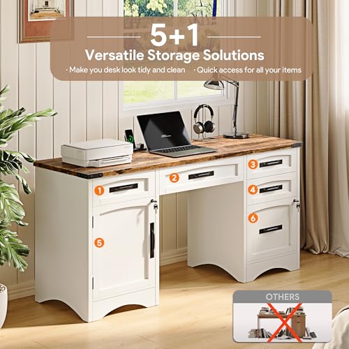 55" Farmhouse Executive Desk with Drawers, White, view 7