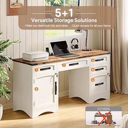 55" Farmhouse Executive Desk with Drawers, White, view 7