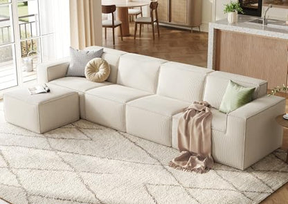 Modular Sectional Sofa, 134" Boneless Couch L Shaped 4-Seat Sofa with Movable Ottoman, Corduroy Sectional Cloud Couches for Living Room, No Assembly Required, Beige