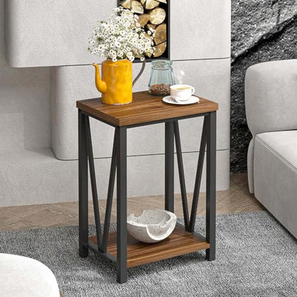 Small End Table, Rustic Wood and Metal Side Table with Storage, Modern Night Stand for Living Room Bedroom Office, Walnut
