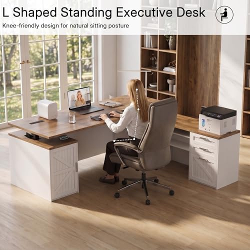 71" L Shaped Executive Desk with File Cabinet Drawers Outlet USB, view 6
